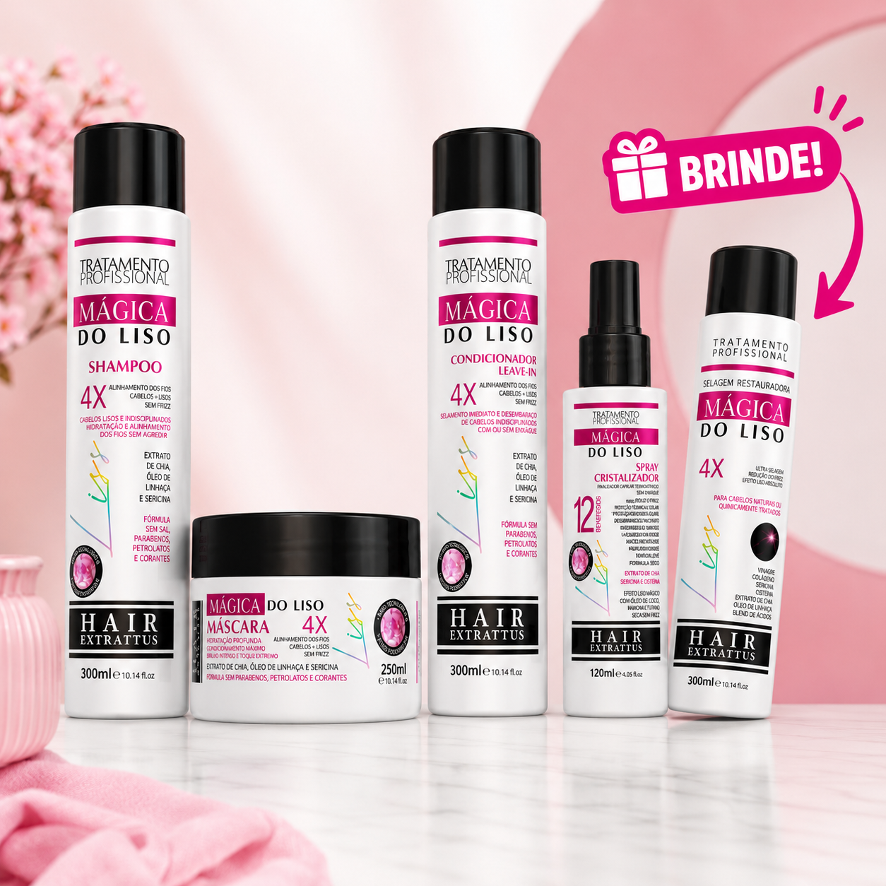 Kit Mágica do Liso Hair Extrattus Selagem Shampoo Spray 5un