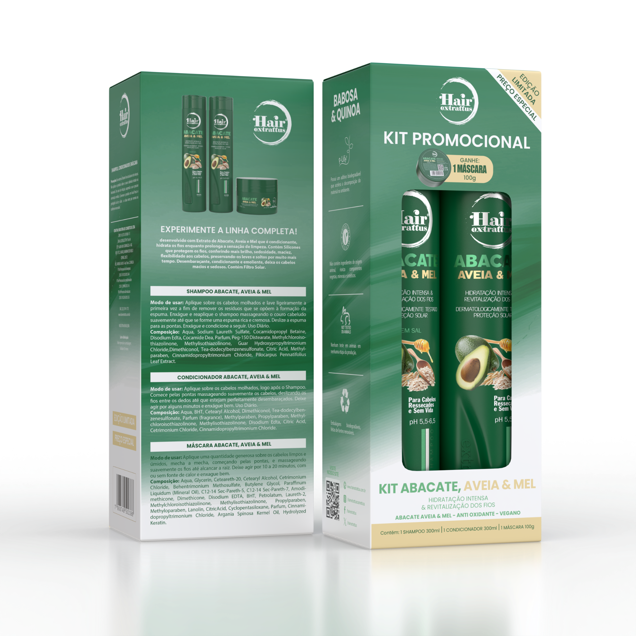 Kit Promocional Abacate, Aveia e Mel Hair Extrattus – Shampoo + Condicionador + Máscara 100g Grátis