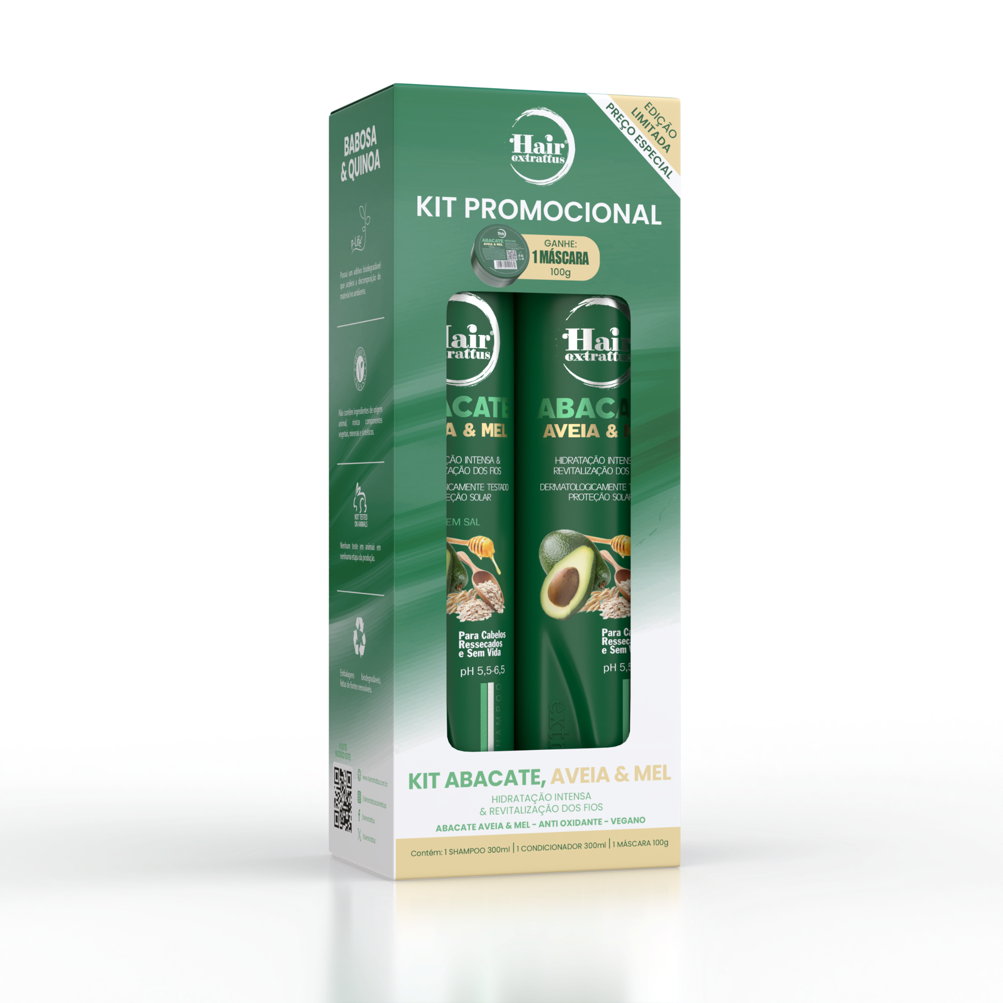 Kit Promocional Abacate, Aveia e Mel Hair Extrattus – Shampoo + Condicionador + Máscara 100g Grátis