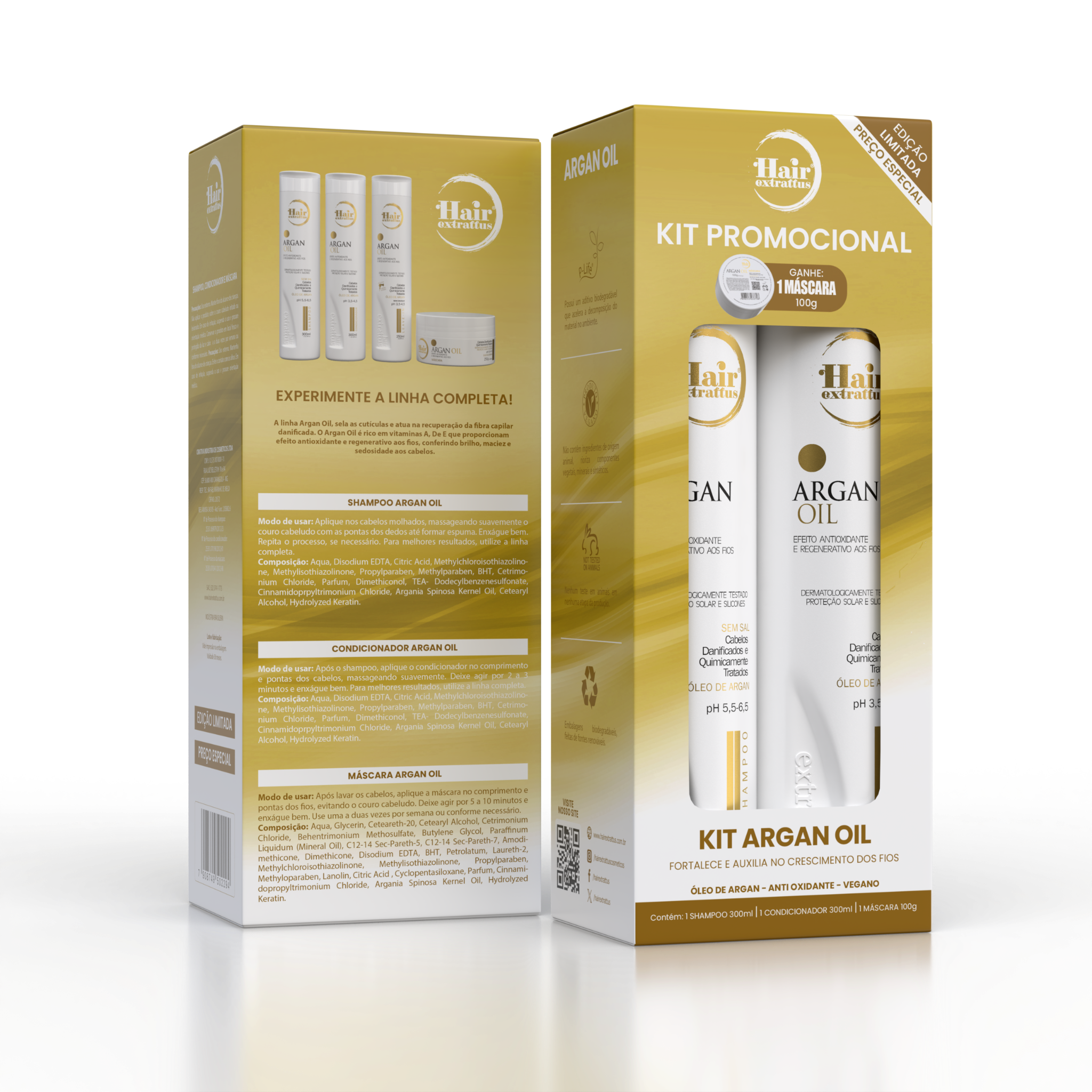 Kit Promocional Argan Hair Extrattus – Shampoo + Condicionador + Máscara 100g Grátis