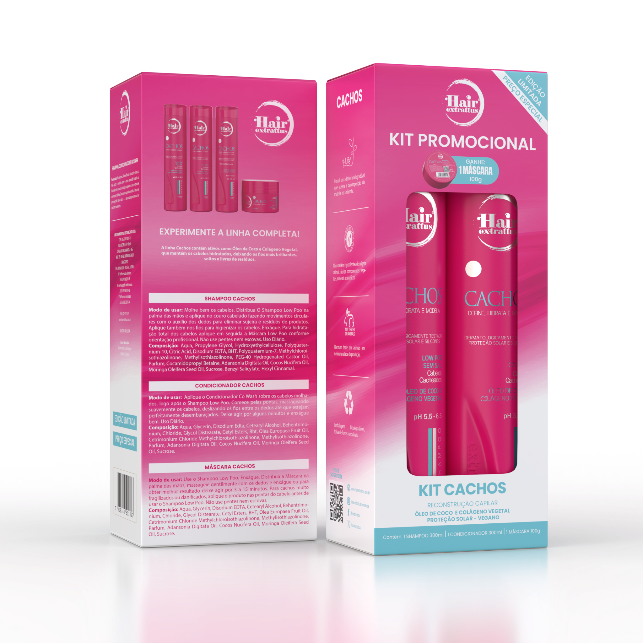 Kit Promocional Cachos Hair Extrattus – Shampoo + Condicionador + Máscara 100g Grátis