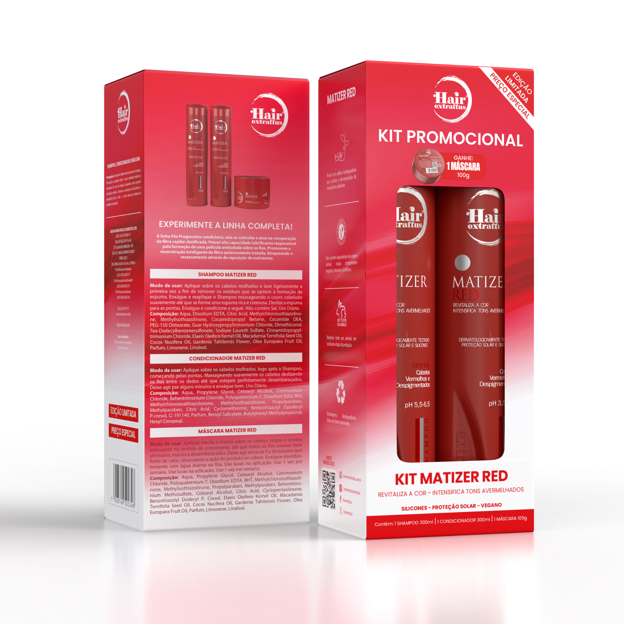 Kit Promocional Matizer Red Hair Extrattus – Shampoo + Condicionador + Máscara 100g Grátis