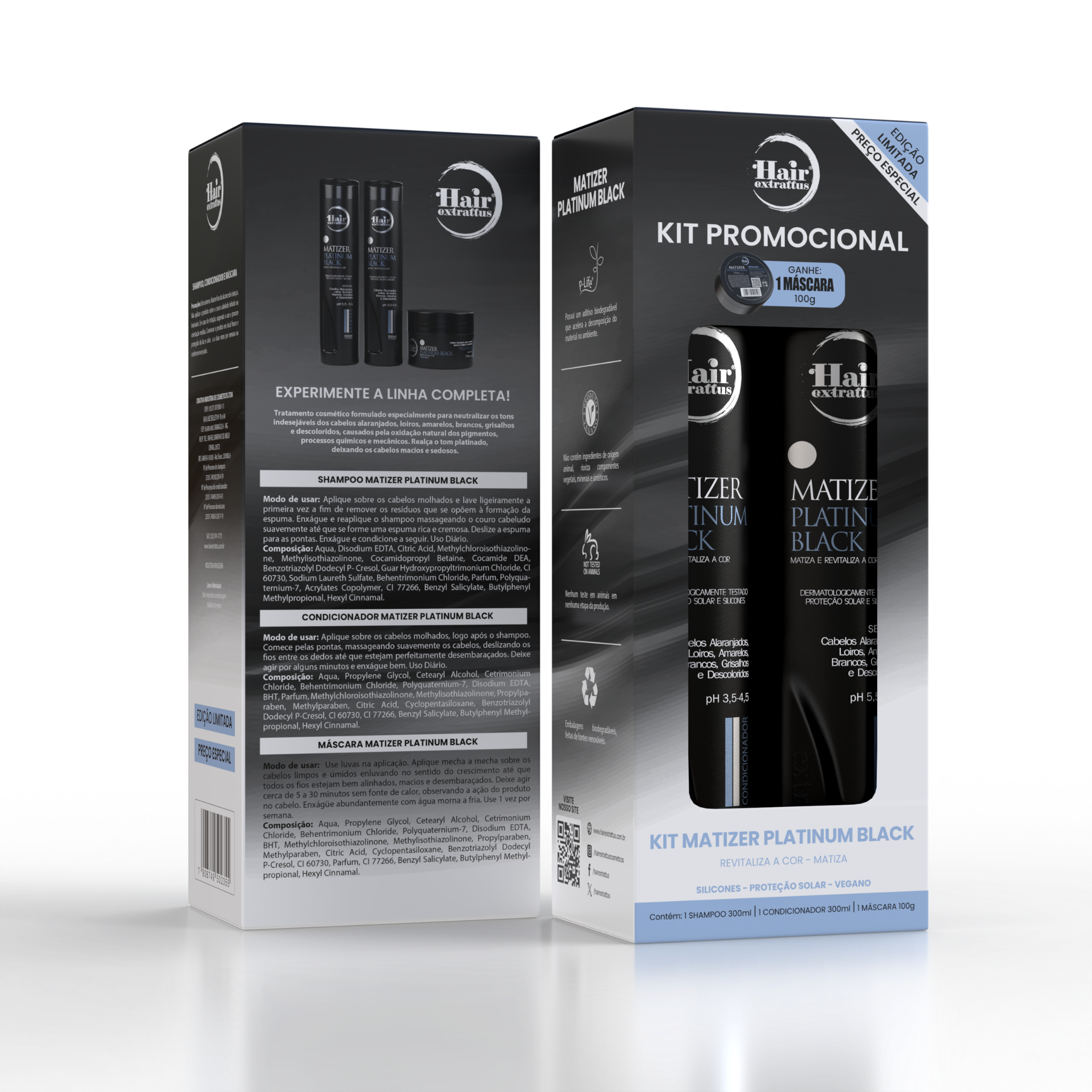 Kit Promocional Matizer Platinum Black Hair Extrattus – Shampoo + Condicionador + Máscara 100g Grátis