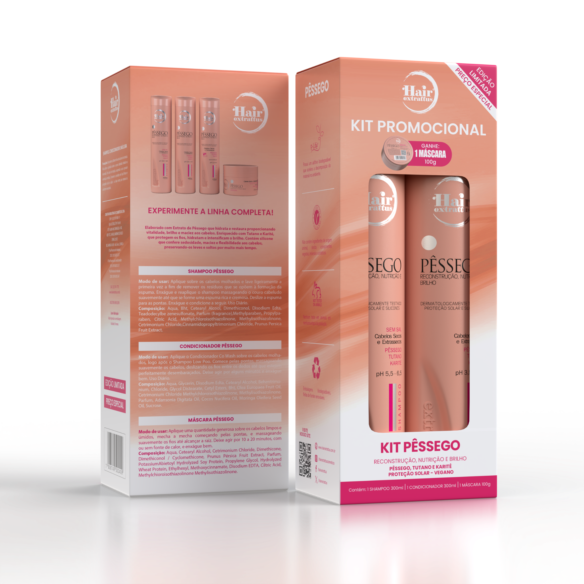 Kit Promocional Pêssego Hair Extrattus – Shampoo + Condicionador + Máscara 100g Grátis