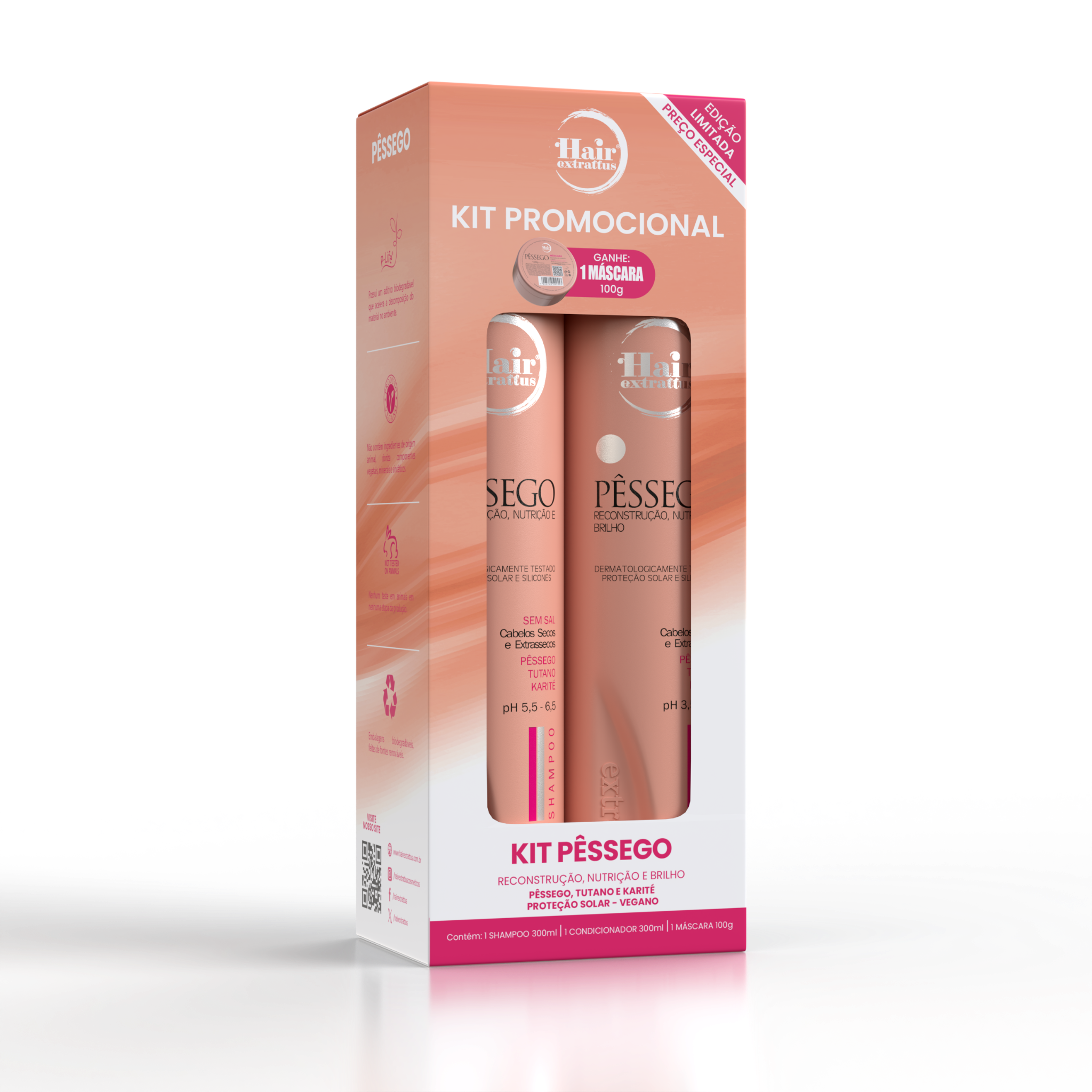 Kit Promocional Pêssego Hair Extrattus – Shampoo + Condicionador + Máscara 100g Grátis