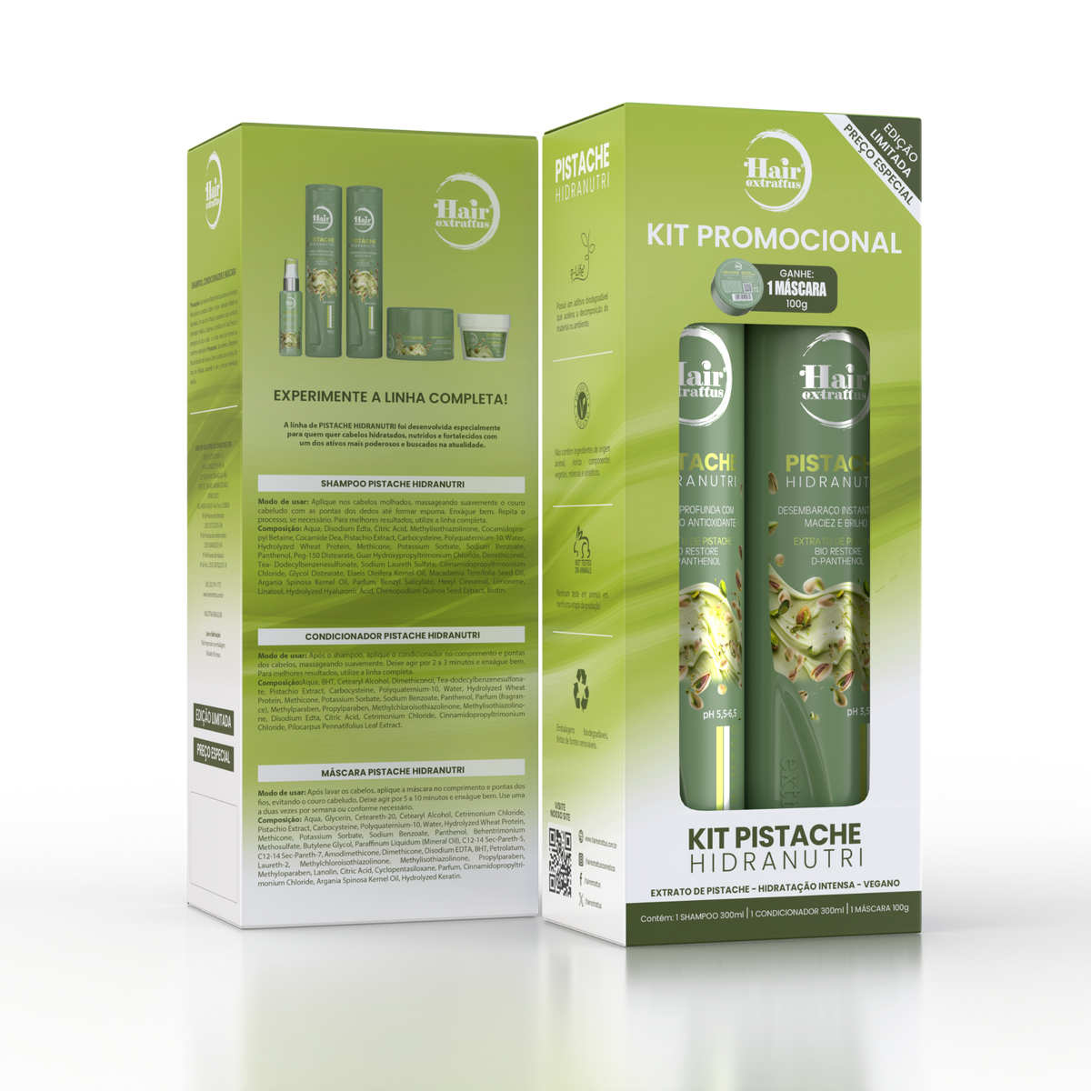 Kit Promocional Pistache Hidranutri Hair Extrattus – Shampoo + Condicionador + Máscara 100g Grátis